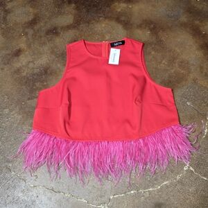 fab’rik KOA Two Toned Feather Trim Tank Top Red Pink NWT Size L